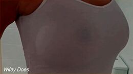 Wet shirt sensory experience for mature milf bathing