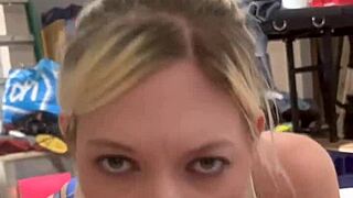 pov blonde milf kneels for sloppy deepthroat blowjob
