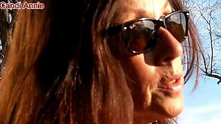 Close up of a mature woman's face while she gives a blowjob and swallows cum