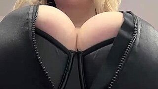 Milf's juicy big natural tits burst out elastic leather