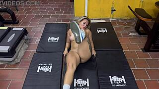 Blonde Colombian milf Karen Sleent guides naked gym workout