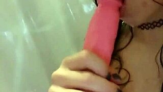 Horny milf with big tits uses toys in shower for intense blowjob action.