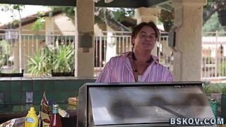 two hung guys fucking the mature woman in her pubic hair, so intense.