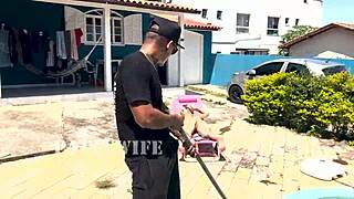 Blonde milf waits for husband to leave, fucks pool cleaner in sheer outfit.