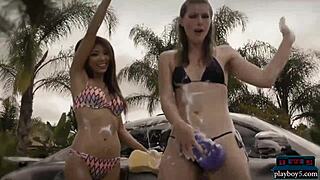 Playboy babes in hot bikinis washing a mercedes amg gt