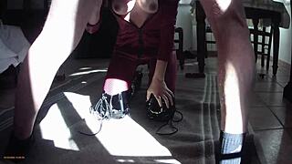 milf in leather catsuit and boots throated fucked cum on tits preview