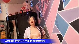 Naughty Girl Teases with Short Dress and No Panties on Bed