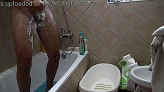 Real voyeur perverted stepmother MASTURBATES while WATCHING stepson SHOWER