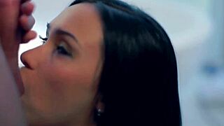 She gives an exquisite blowjob to the MILF, swallowing every drop with a facial finish.