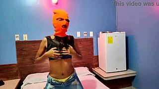 Brunette Stepsister Celebrates Halloween In Hotel Bed With Mask, Shaking Body And Hips Seductively Before Getting Naked