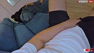 excited by stepmother's naked ass, fuck her on couch and cum in mouth