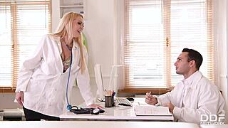 busty british nurse amber jayne stuffs her horny pussy with the doctor's dick