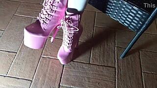 sitting on a chair in pantyhose and high heeled boots