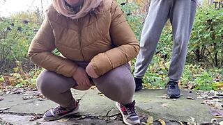 depraved curvy milf in leggings squats and pisses next to me in public
