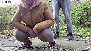 depraved curvy milf in leggings squats and pisses next to me in public