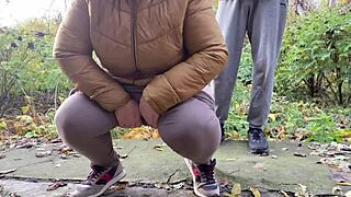 depraved curvy milf in leggings squats and pisses next to me in public