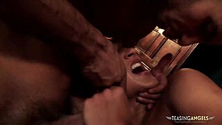 Amazing brunette maid sucks and rides two cocks in anal threesome