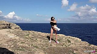 Picked up curvy brunette for risky beach action with stranger