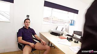 Femdom ffm threesome sex for big dick guy by two sexy girls in office