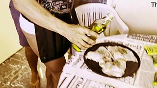 She cooks dinner while getting her pussy fucked hard