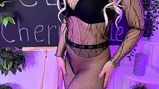 nylon club, slipping on fishnet tights for domination