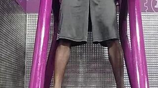 Intense workout session with roommate in dorm fitness area