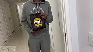 Wife orders snack, delivery guy eats her pussy and cums in mouth