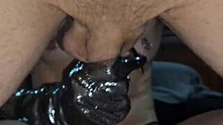 Check this out, glove-wearing milf milks my cock with her pierced nipples!