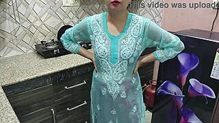 Desi Indian stepmom with big boobs teaches stepson kitchen fucking. Hindi audio included.