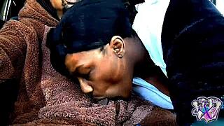 Bear suit girl swallows cock in car!