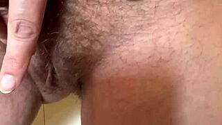 He loves playing with my hairy pussy in the shower