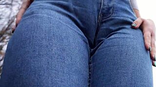 Milf Teases Big Cameltoe in Tight Blue Jeans Outdoors