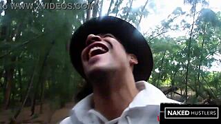 in the florida woods, thick booty ebony and ivory milfs slurp on a big cock publicly