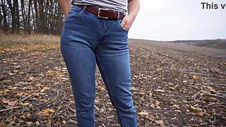 Milf Teases Big Cameltoe in Tight Blue Jeans Outdoors