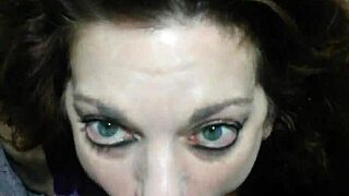 Sexy Milf Raven Delivers Intense Blowjob, Swallowing Cum in Mouth with Lipstick Smeared.