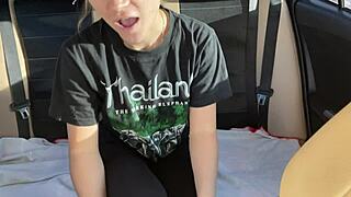 Intense public squirt in stranger's car backseat.