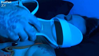 Blonde Milf Masters Footjobs with Bare Feet and Sexy Toes