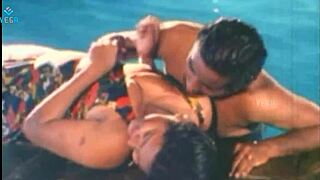 unmarried hot couple enjoying at swim pool, relaxing with big tits and softcore fun