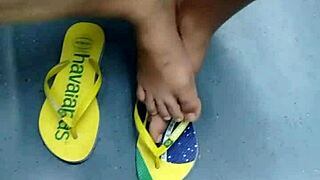 Hidden Voyeur Footage Of Mature Brazilian Latina Girl's Candid Feet Shoeplay With Flip Flops!