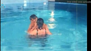 unmarried hot couple enjoying at swim pool, relaxing with big tits and softcore fun