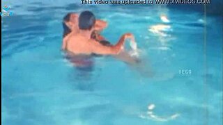 unmarried hot couple enjoying at swim pool, relaxing with big tits and softcore fun