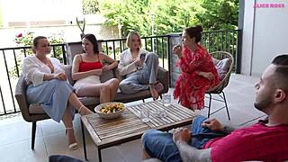 Public Patio Fun With Young Girl And Milf.