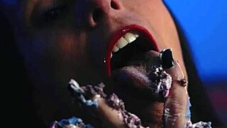 Messy birthday cake girl plays with food on natural tits