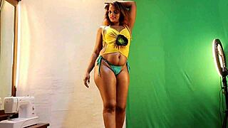 Sun Flower bikini haul shows off sexy Indian wife solo