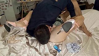 Sexy O2 1060 01 - white amateur milf fucking in satin lingerie-set rose panties green satin nightie white bra high-heels dogging pussy licked asshole fingered and licked pov