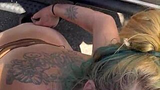 Cheating blonde whore sucks cock & takes facial out in public during the middle of the day