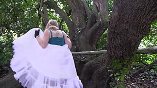 Wife's shaved pussy masturbation on tree intrigues