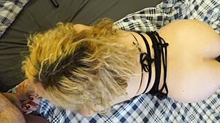 blonde milf in black stockings and high heels getting fucked