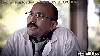 pervert doctor watches tattooed petite patient with small tits get muff dived by big cock.