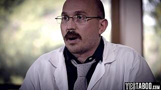 pervert doctor watches tattooed petite patient with small tits get muff dived by big cock.